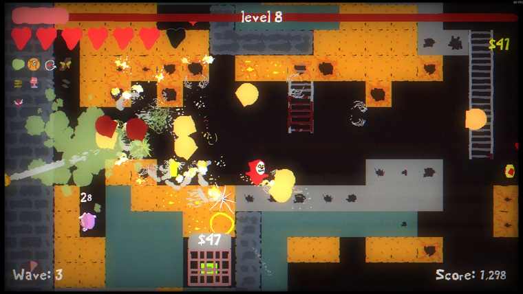 A Blood Dungeon run in progress at level 8, wave 3, with ladders, blood splatter and a pink serpent boss