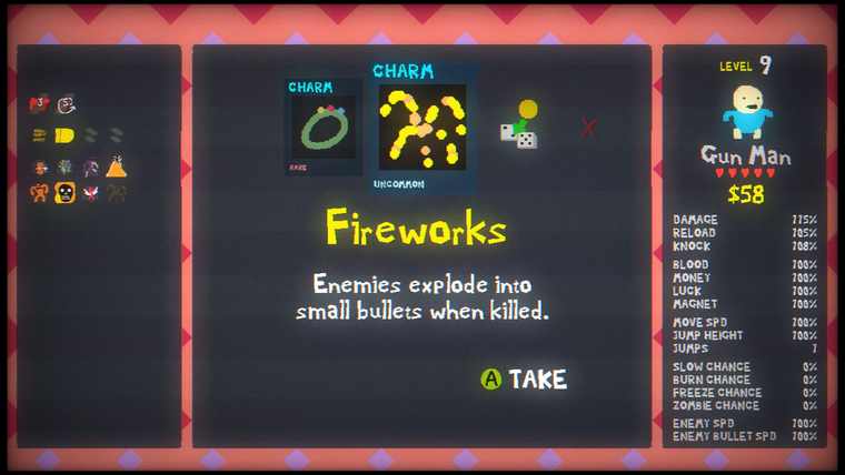 The Blood Dungeon level-up screen offering a charm called Fireworks, with the full stat sheet on the right