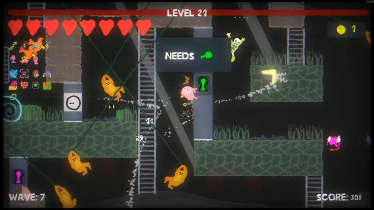 A Blood Dungeon arena at wave 7 showing a locked door that needs a matching key