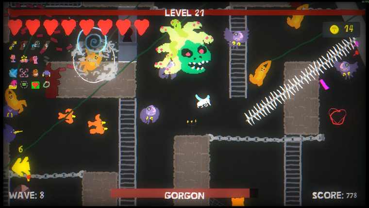 A boss fight in Blood Dungeon against a large green creature named Gorgon at wave 7